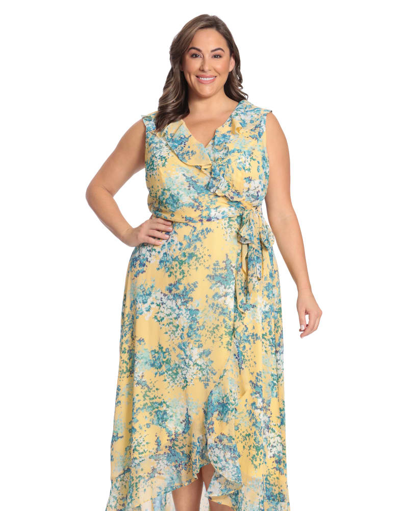 Front of a model wearing a size 24W Floral side tie ruffle wrap maxi dress in Yellow by London Times. | dia_product_style_image_id:268650